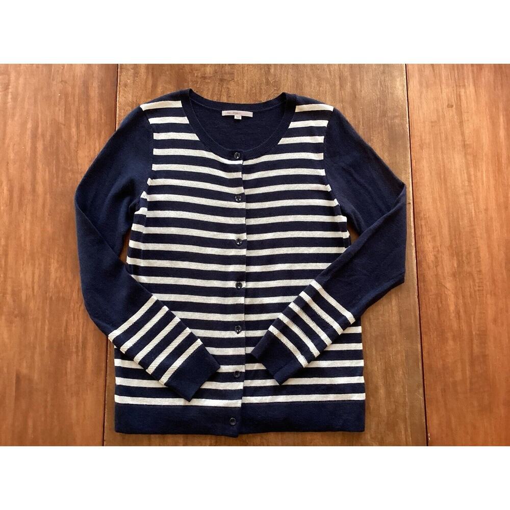 GAP Preppy Navy Striped Wool Blend Button Up Cardigan Sequin Sleeves Sz Medium